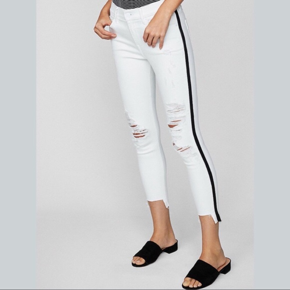 White distressed jeans with black stripe